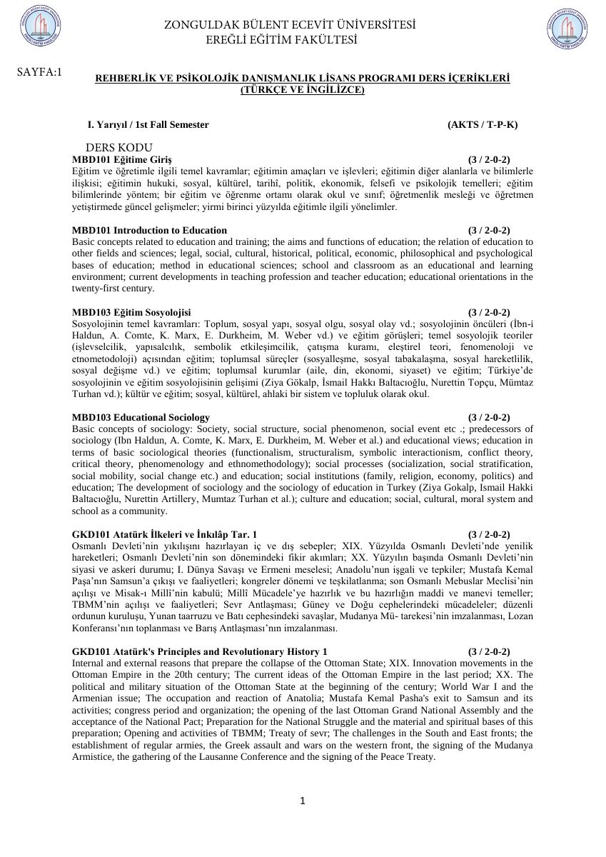 Rehberlik ve Psikolojik Danışmanlık · Ders İçerikleri · Zonguldak Bülent Ecevit Üniversitesi — gerçek ilk sayfa