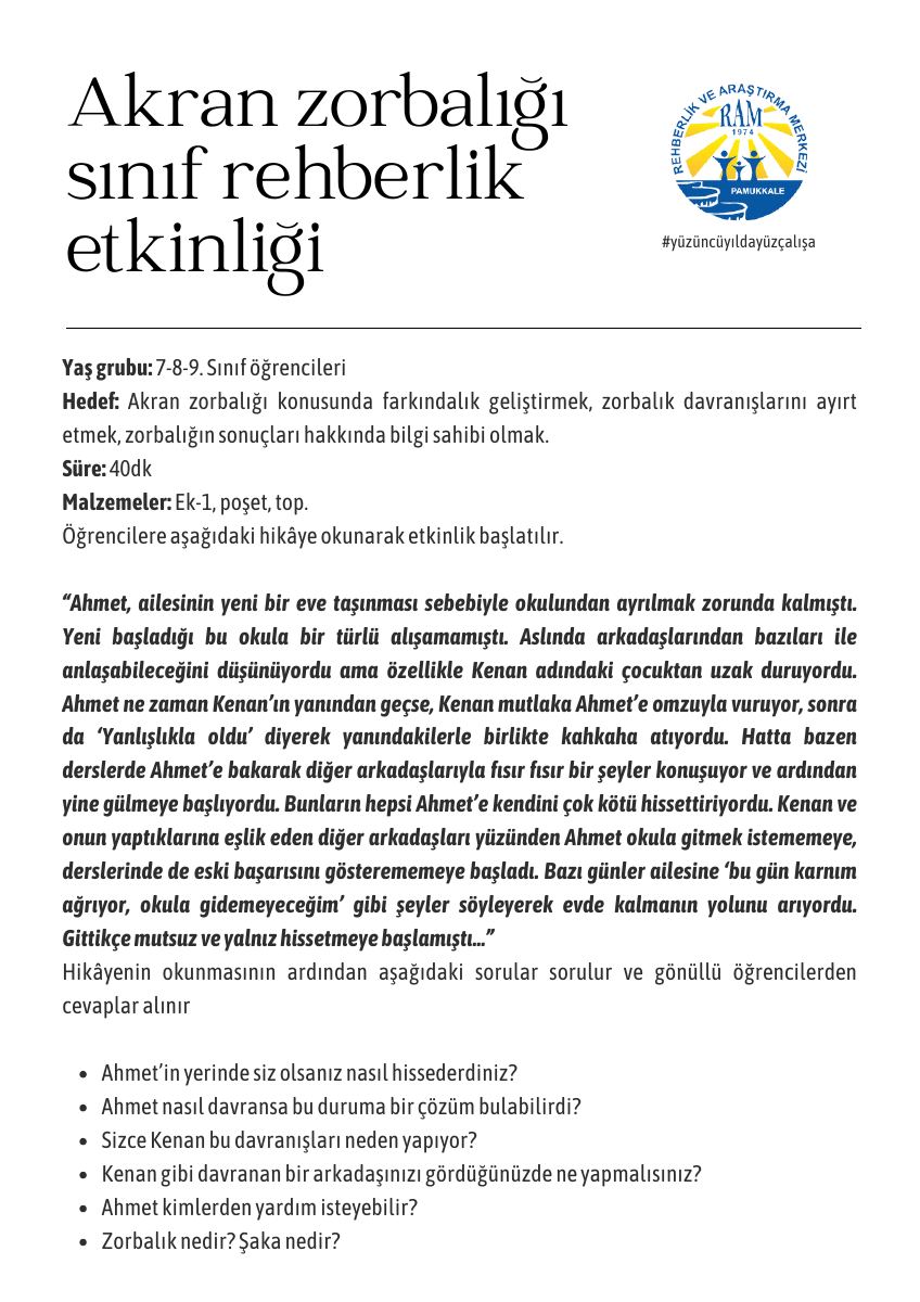 Akran zorbalığı ortaokul sınıf rehberlik etkinliği — gerçek ilk sayfa