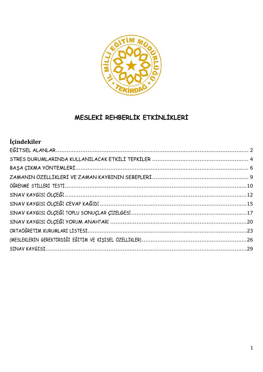 MESLEKİ REHBERLİK ETKİNLİKLERİ İçindekiler — gerçek ilk sayfa