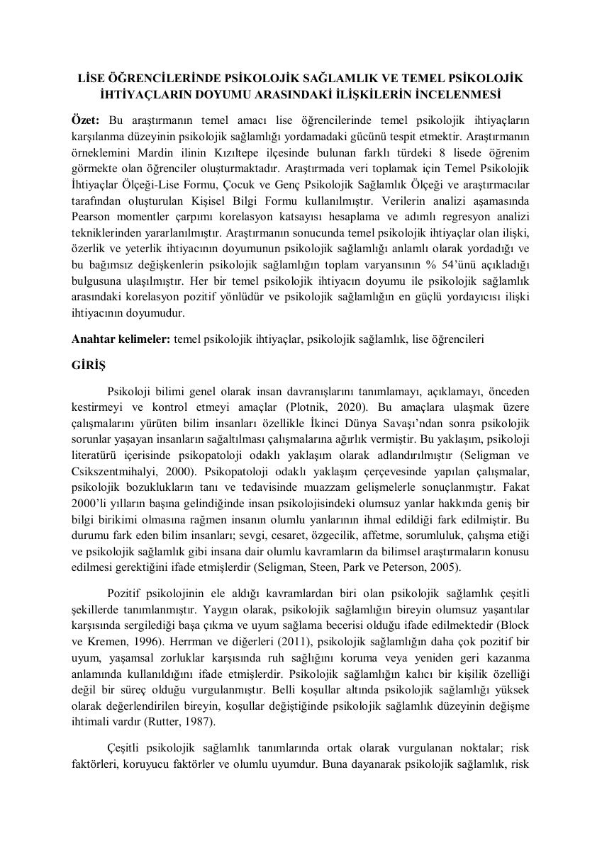 Psikolojik Sağlamlık Ve Temel Psikolojik İhtiyaçların Doyumu Arasındaki İlişki — gerçek ilk sayfa