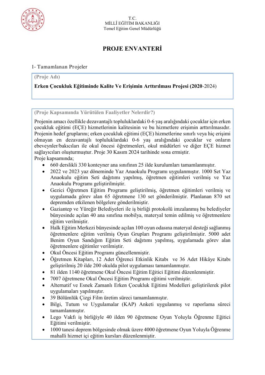 Proje Envanteri — gerçek ilk sayfa