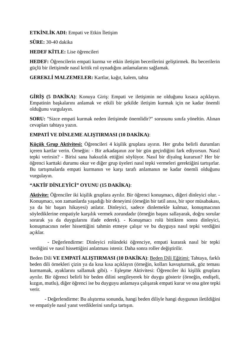 Empati ve Etkin İletişim Etkinliği — gerçek ilk sayfa