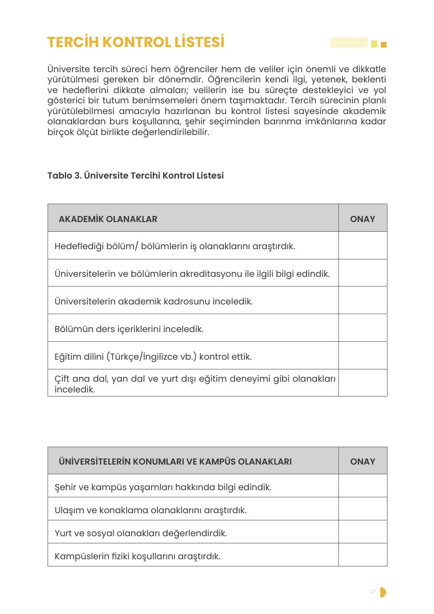 Tercih Süreci Kontrol Çizelgesi — gerçek ilk sayfa