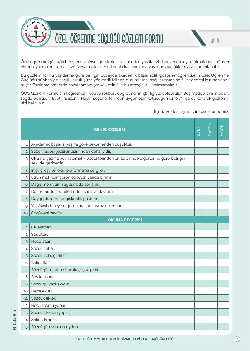 Özel Öğrenme Güçlüğü Gözlem Formu — gerçek ilk sayfa