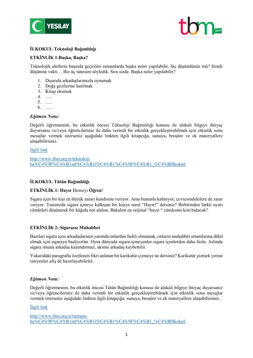 İLKOKUL Teknoloji Bağımlılığı ETKİNLİK 1:Başka, Başka? — gerçek ilk sayfa