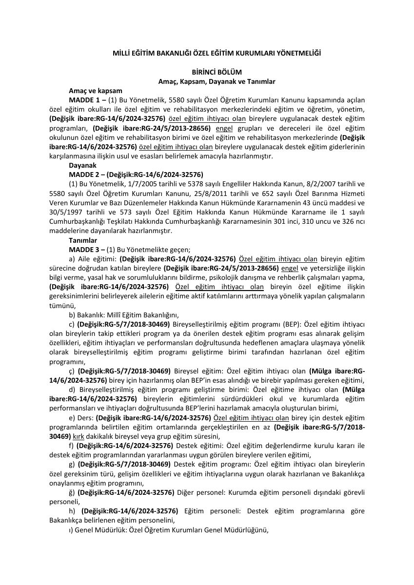 Özel Eğitim Kurumları Yönetmeliği — gerçek ilk sayfa