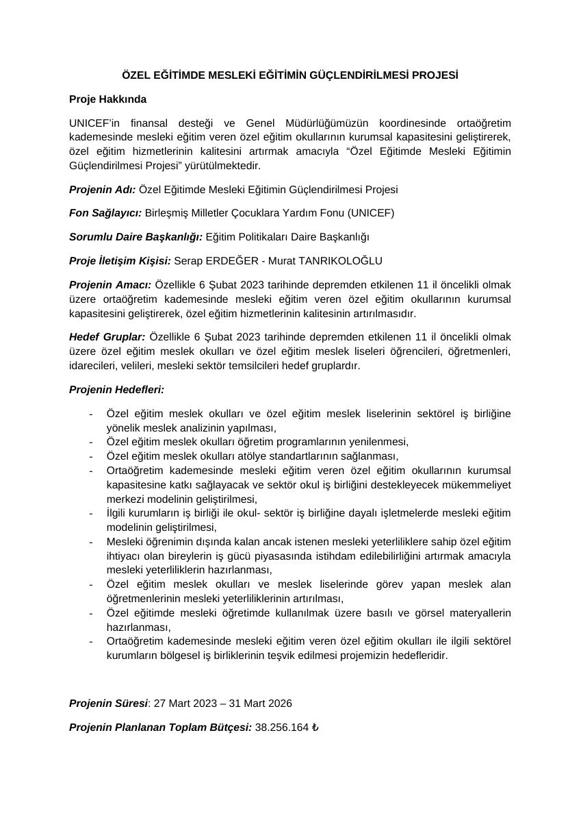 Özel Eğitim Programlarını ve Materyallerini Geliştirme Projesi — gerçek ilk sayfa