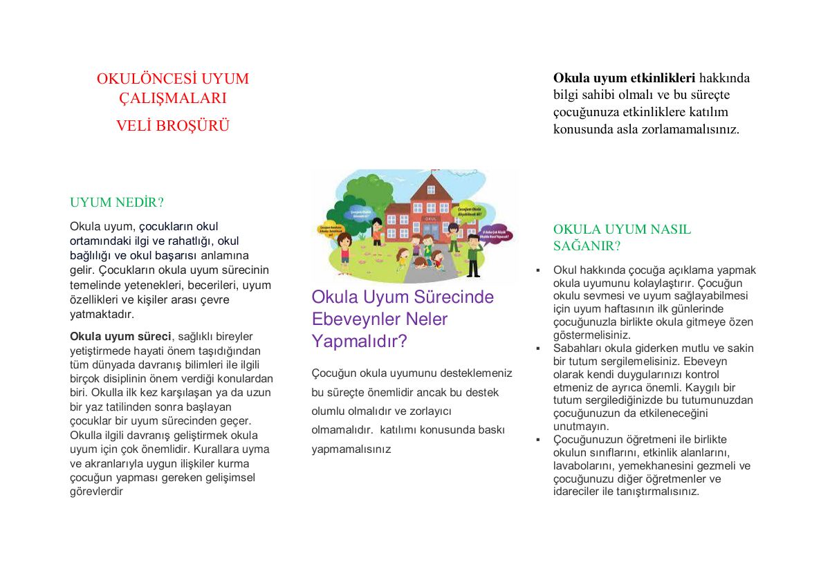 Okul öncesi uyum çalışmaları veli broşürü — gerçek ilk sayfa