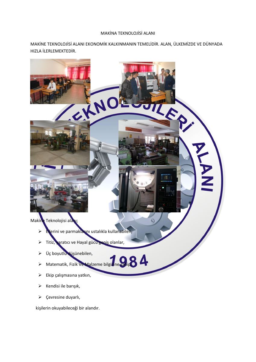 Makine ve Tasarım Teknolojisi Alanı · Tanıtım Broşürü — gerçek ilk sayfa