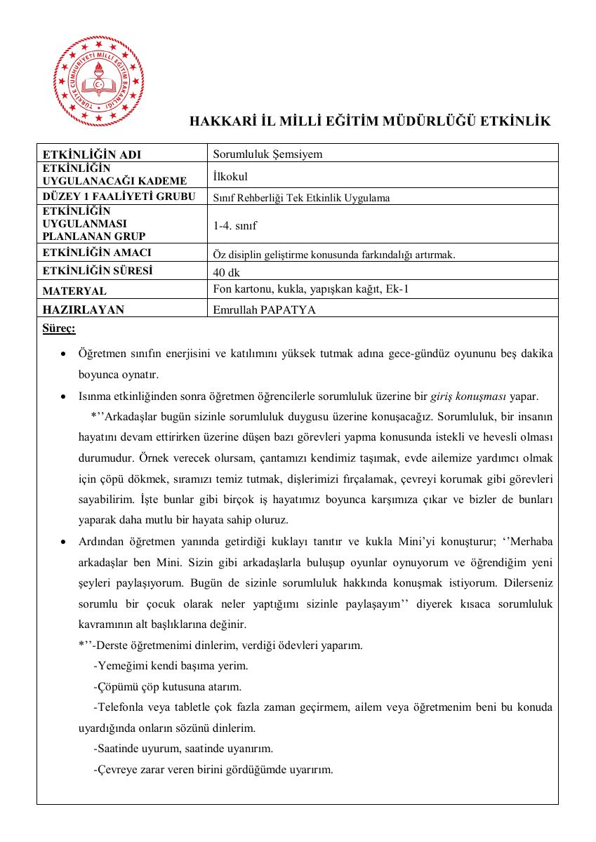 Otokontrol · İlkokul Sınıf Rehberlik Etkinliği — gerçek ilk sayfa