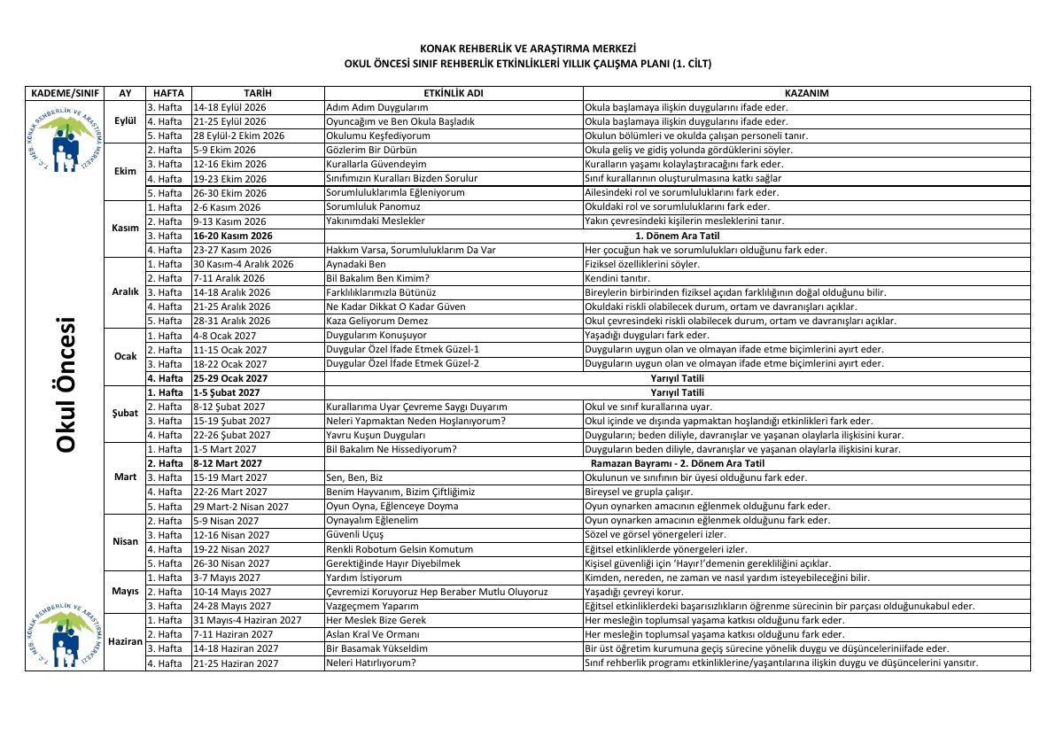 2026-2027 Okul Öncesi Sınıf Rehberlik Yıllık Planı · 1. Cilt — gerçek ilk sayfa