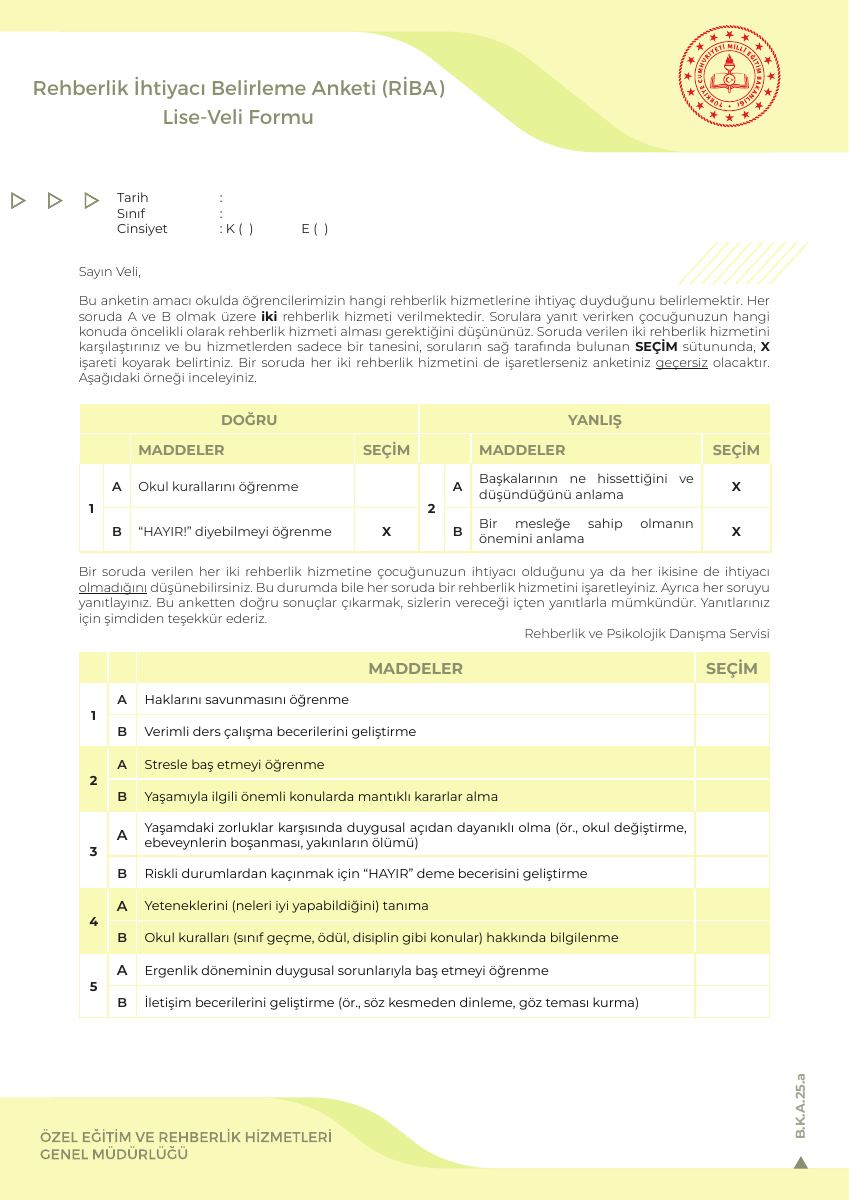 RİBA Lise Veli Formu — gerçek ilk sayfa