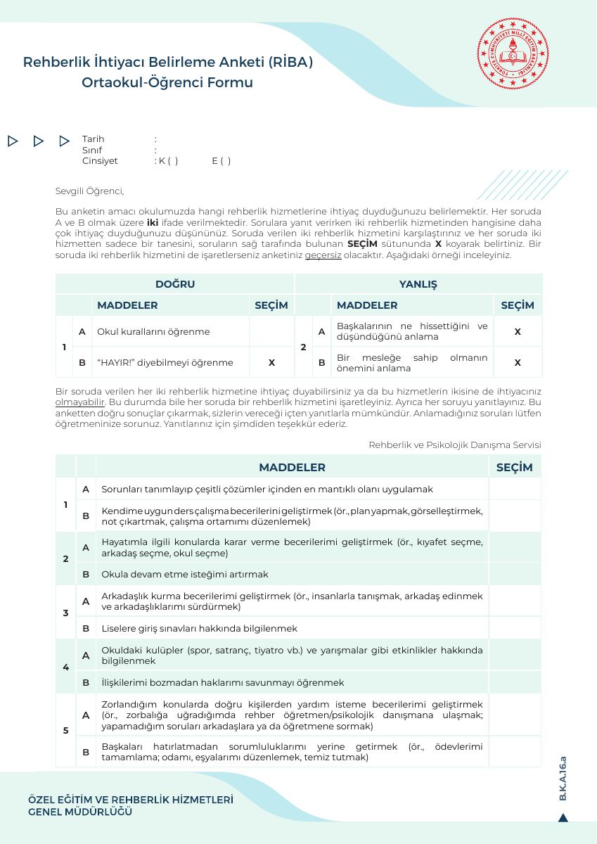RİBA Ortaokul Öğrenci Formu — gerçek ilk sayfa