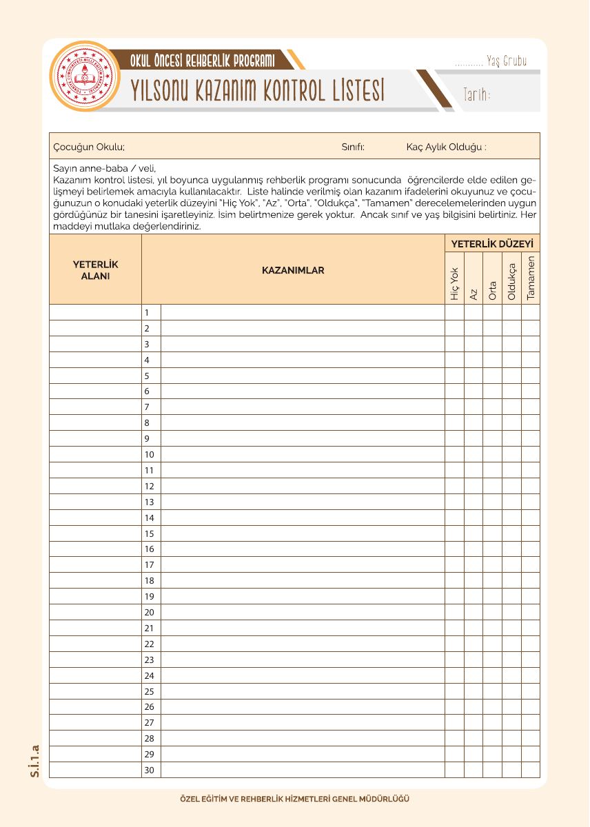 Okul Öncesi Rehberlik Programı Yılsonu Kazanım Kontrol Listesi — gerçek ilk sayfa