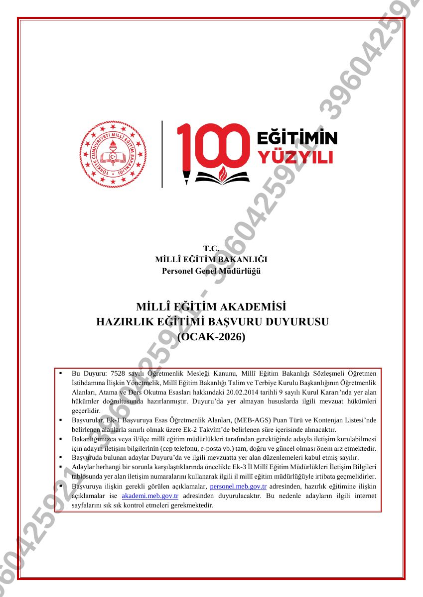 Millî Eğitim Akademisi · Hazırlık Eğitimi Başvuru Duyurusu · Ocak 2026 — gerçek ilk sayfa