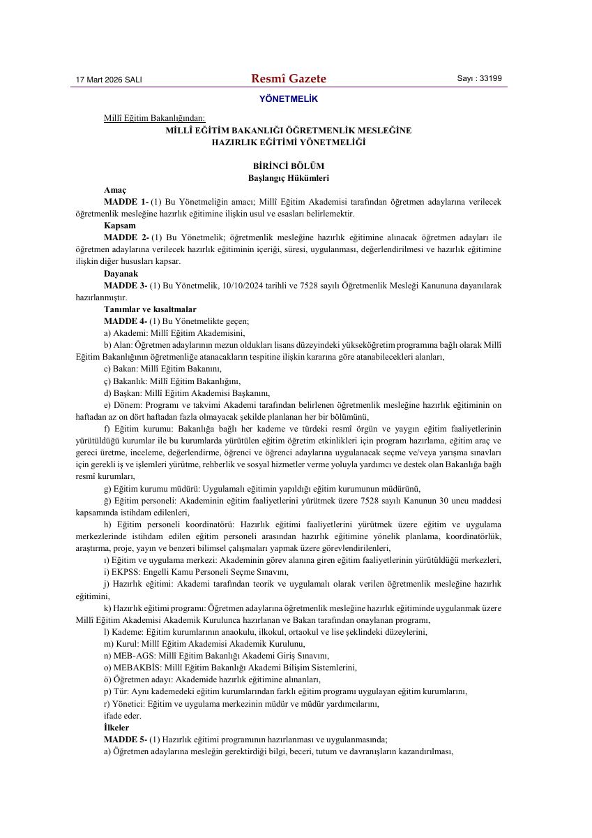 Öğretmenlik Mesleğine Hazırlık Eğitimi Yönetmeliği · 17 Mart 2026 — gerçek ilk sayfa