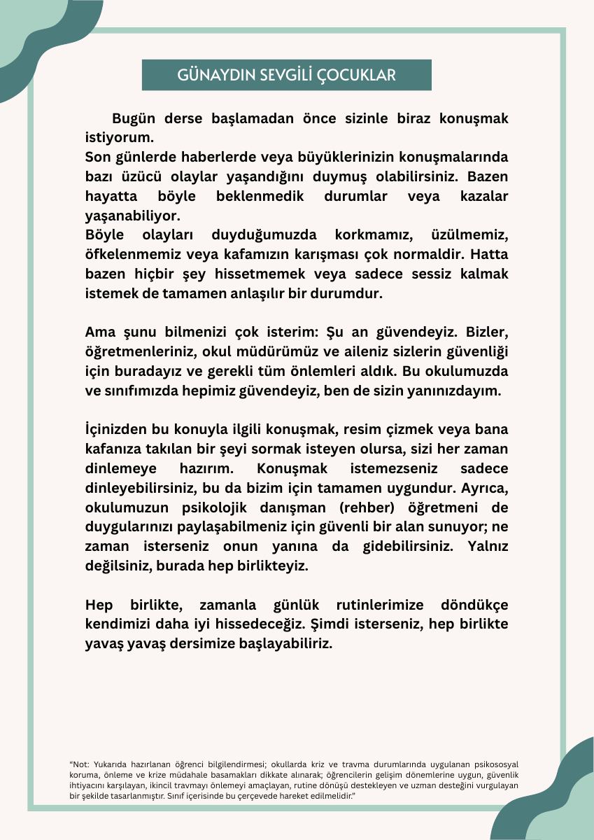 Psikososyal Müdahale · İlkokul Öğrencileri İlk Ders Bilgilendirme Mesajı · 2026 — gerçek ilk sayfa