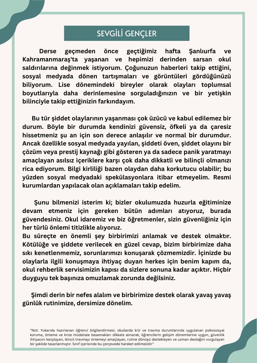Psikososyal Müdahale · Lise Öğrencileri İlk Ders Bilgilendirme Mesajı · 2026 — gerçek ilk sayfa