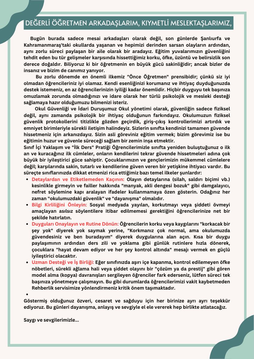 Psikososyal Müdahale · Öğretmen / Okul İdaresi Bilgilendirme Mesajı · 2026 — gerçek ilk sayfa