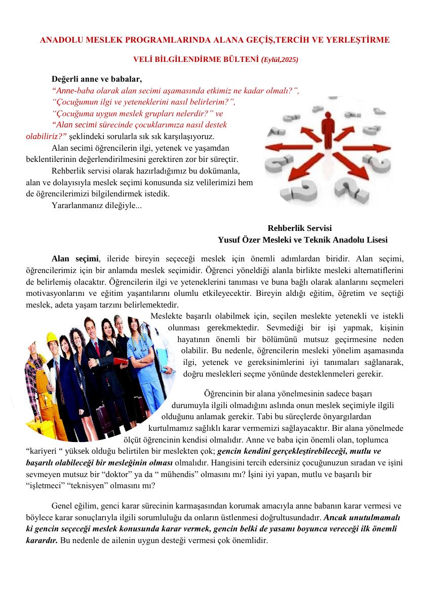 Anadolu Meslek Programlarında Alana Geçiş, Tercih ve Yerleştirme · Veli Bülteni · 2025 — gerçek ilk sayfa